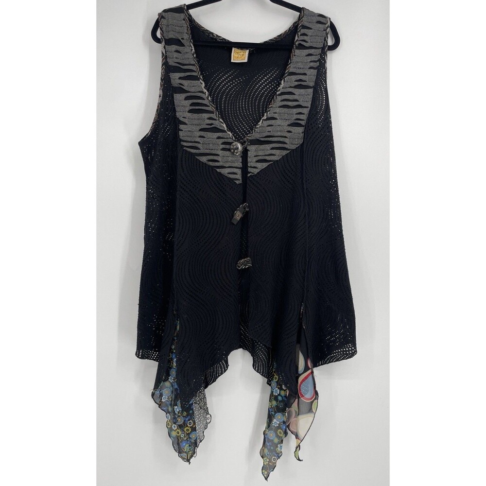 Hand Jive Wearable Art XXL Black Mesh Patchwork Tunic Vest Lagenlook Boho Artsy